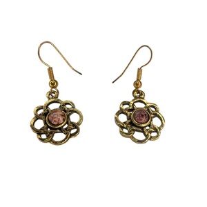 Bronze flower earrings with pink glass bead Y2K